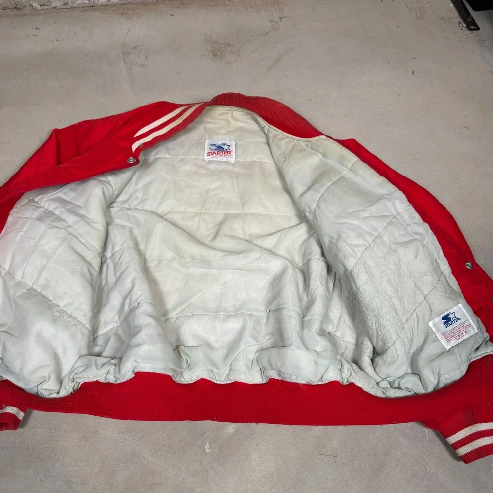 Vintage 80s Starter NC State Wolfpack Satin Varsity Jacket Large Red snap bomber